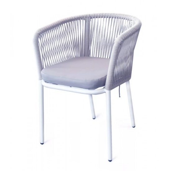 "Марсель" стул плетеный из роупа, каркас алюминий белый шагрень, роуп светло-серый круглый, ткань светло-серая - 1