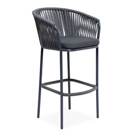 "Бордо" стул барный плетеный из роупа, каркас алюминий серый (RAL7022), роуп серый 15мм, ткань серая - 1