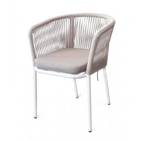 "Марсель" стул плетеный из роупа, каркас алюминий белый шагрень, роуп бежевый круглый, ткань бежевая - 1