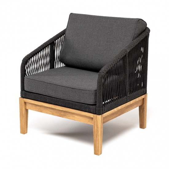 "Канны" кресло плетеное из роупа (веревки), основание дуб, роуп темно-серый, ткань серая - 1