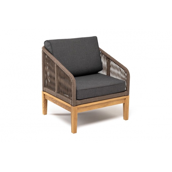"Канны" кресло плетеное из роупа, основание дуб, роуп коричневый круглый, ткань темно-серая - 1