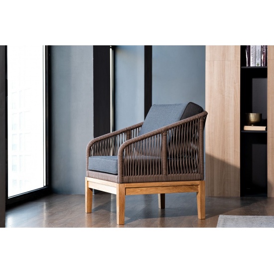 "Канны" кресло плетеное из роупа, основание дуб, роуп коричневый круглый, ткань темно-серая - 1